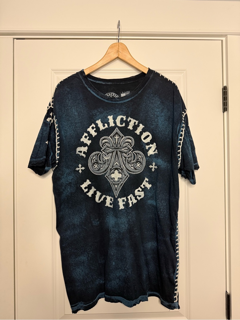Affliction Live Fast Men's Graphic Tee - Navy Blue with White Print